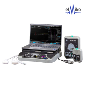 Kompletny system Cadwell Sierra Summit do badań EMG i NCS z laptopem, bazą sterującą, wzmacniaczami i głowicami USG. (en. Complete Cadwell Sierra Summit system for EMG and NCS studies featuring a laptop, base unit, amplifiers, and ultrasound probes).