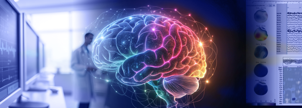 Kolorowa wizualizacja aktywności mózgu na tle gabinetu diagnostycznego z zapisem EEG i mapami QEEG