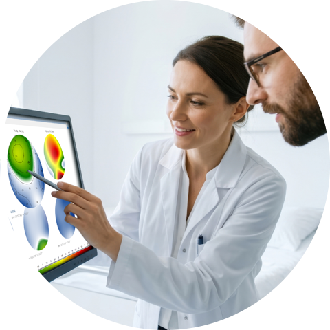 Specjaliści analizują mapy topograficzne QEEG na monitorze systemu diagnostycznego EEG